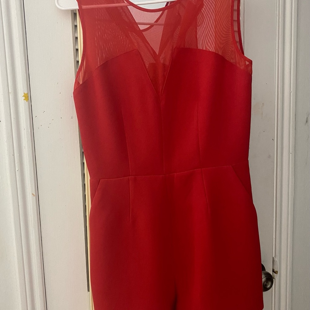 BCBGeneration Vibrant Red Mesh Jumpsuit